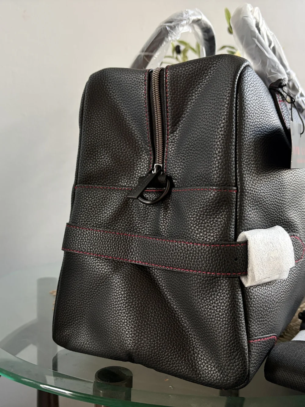 Ralph Lauren Black Leather Messenger with Red Logo Accent